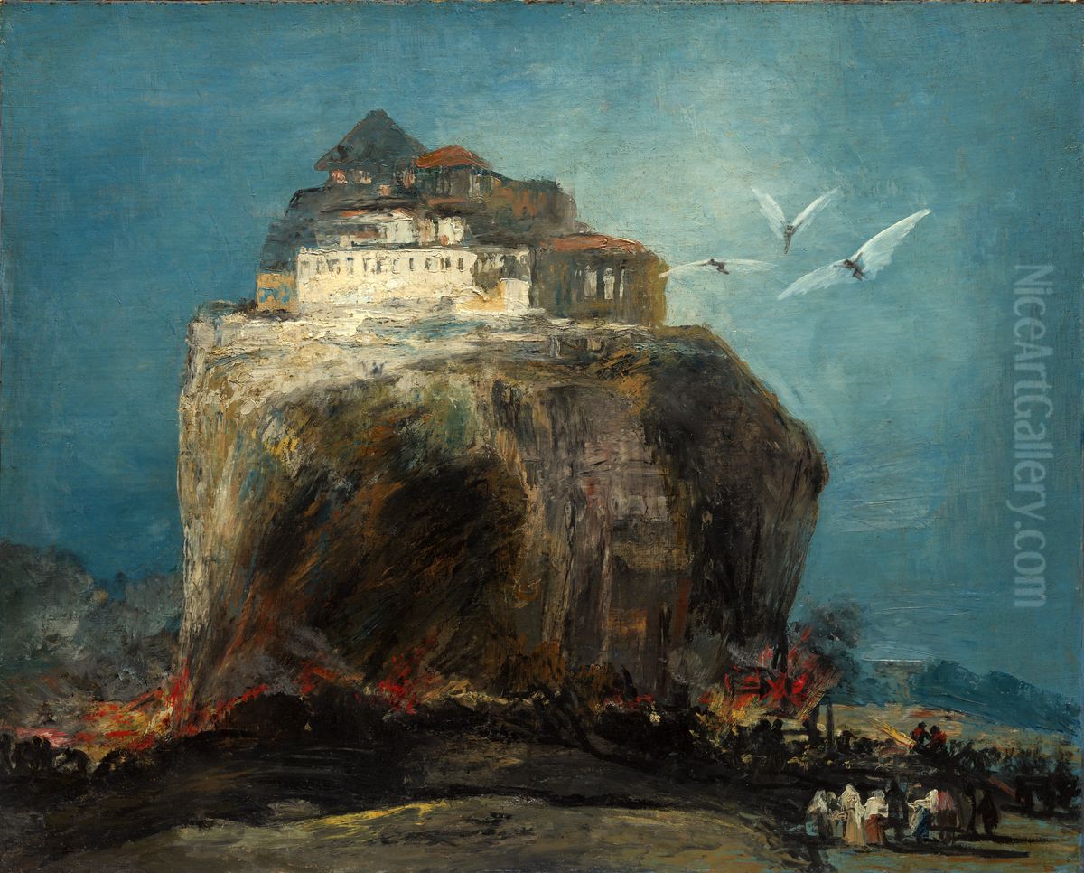 Angriff auf eine Burg auf einem Felsen Oil Painting by Lucas Velazquez