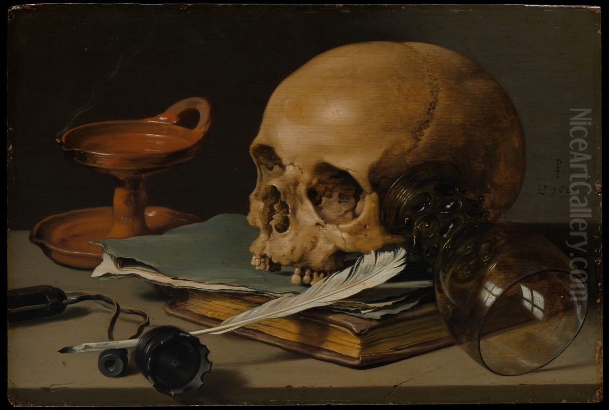 Still Life with a Skull and a Writing Quill Oil Painting by Pieter Claesz