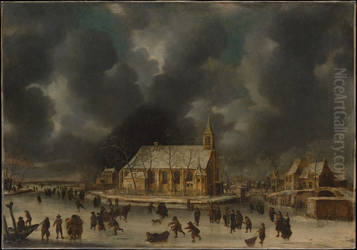 Skating at Sloten, near Amsterdam Oil Painting by Jan Abrahamsz Beerstraaten