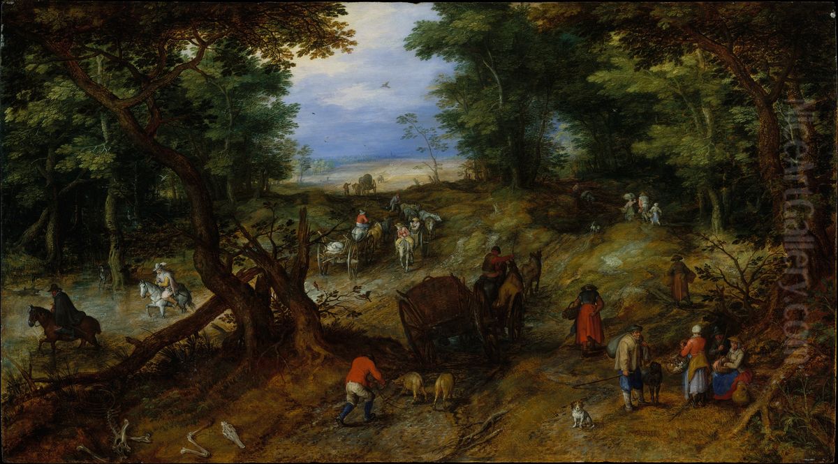 A Woodland Road with Travelers Oil Painting by Jan Brughel
