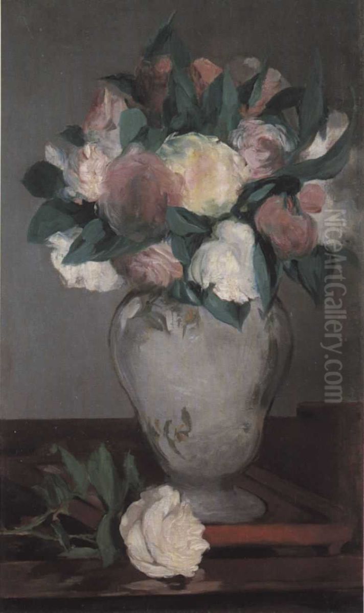 Vase de pivoines sur un plateau laque Oil Painting by Edouard Manet