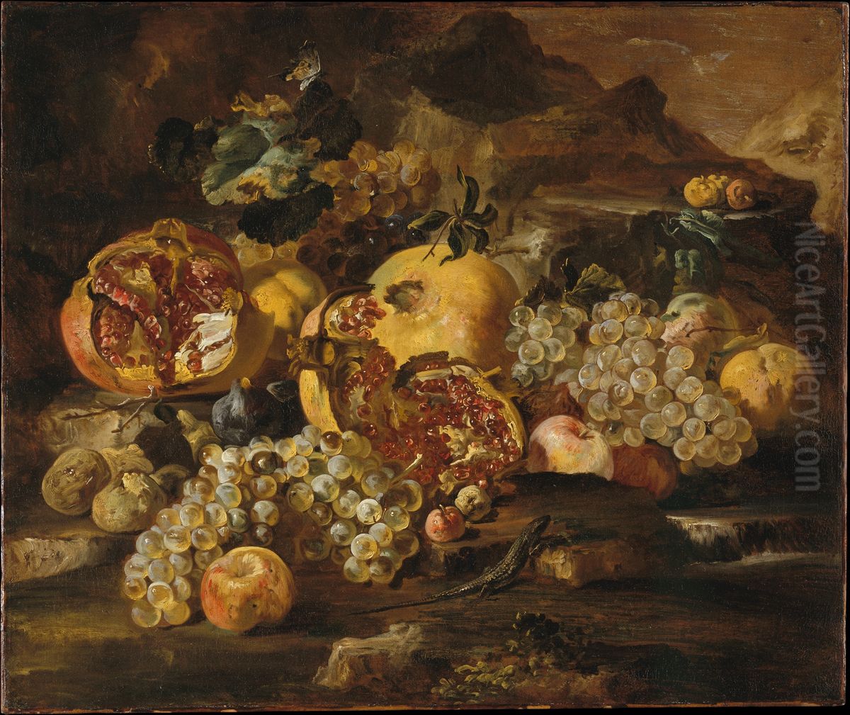 Pomegranates and Other Fruit in a Landscape Oil Painting by Abraham Brueghel
