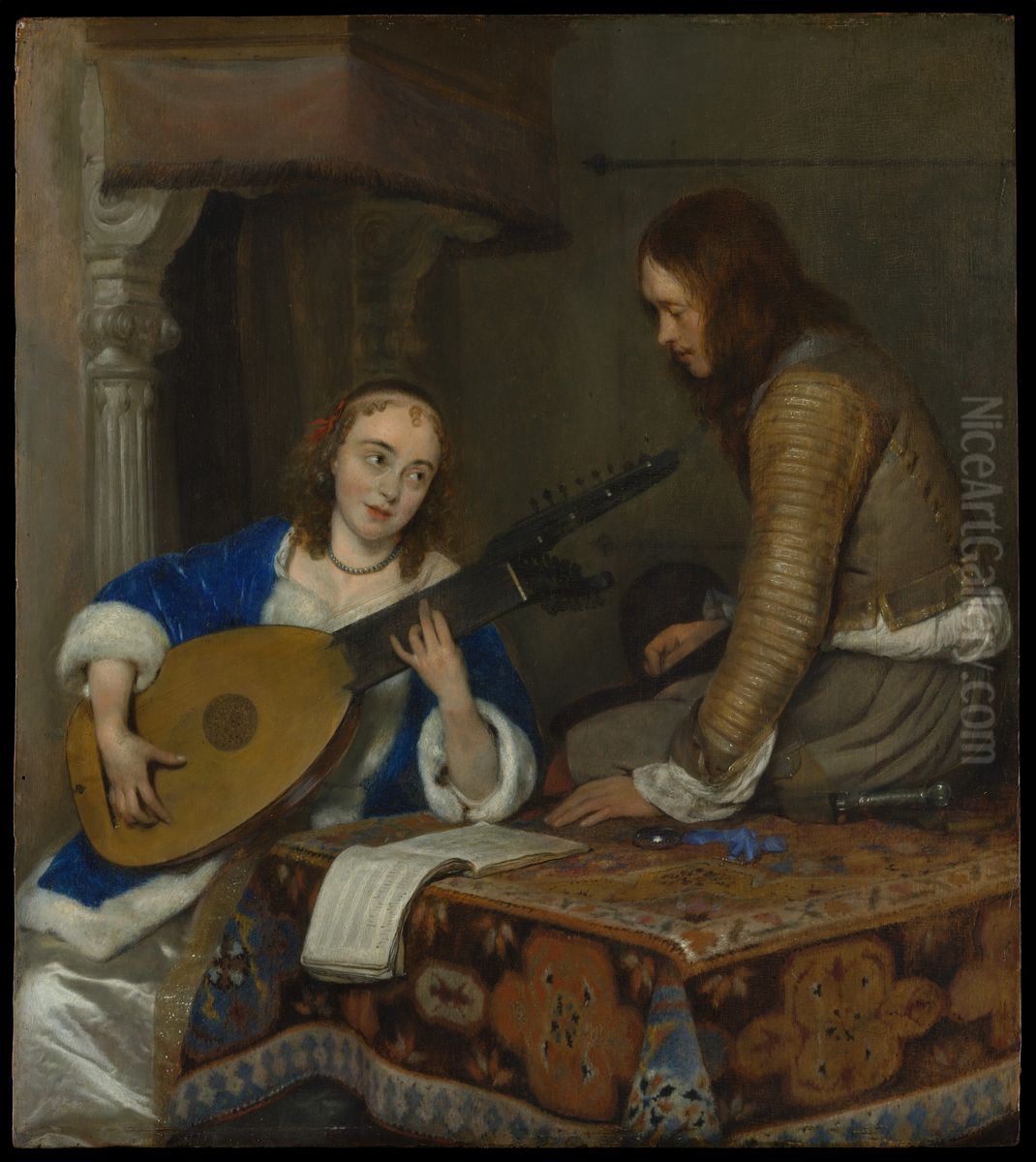 A Woman Playing the Theorbo-Lute and a Cavalier Oil Painting by Gerard Ter Borch