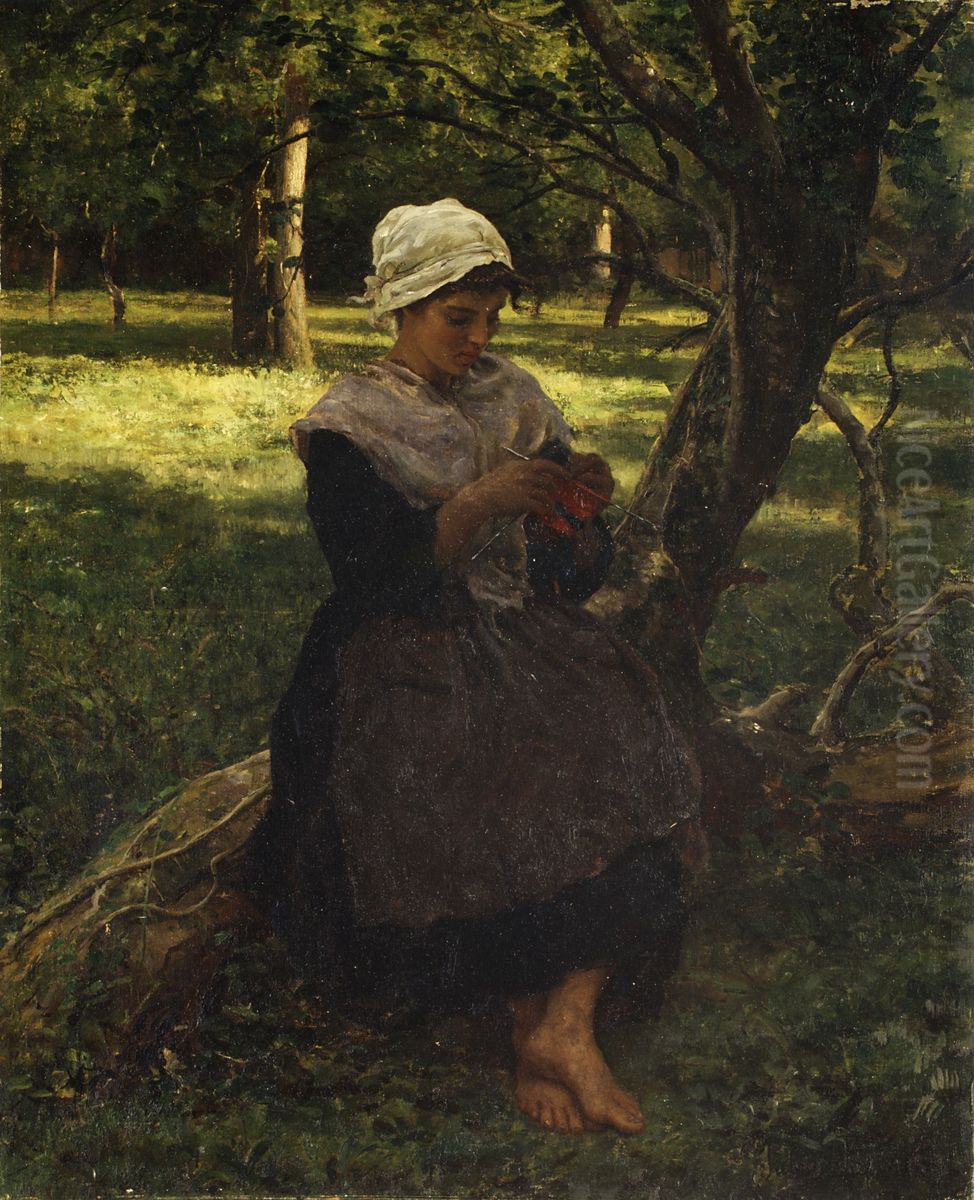 A Peasant Girl Knitting Oil Painting by Jules Breton