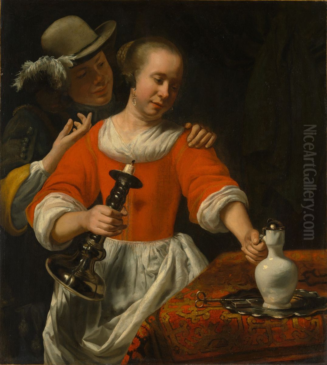 A Young Woman and a Cavalier Oil Painting by Cornelis Bisschop