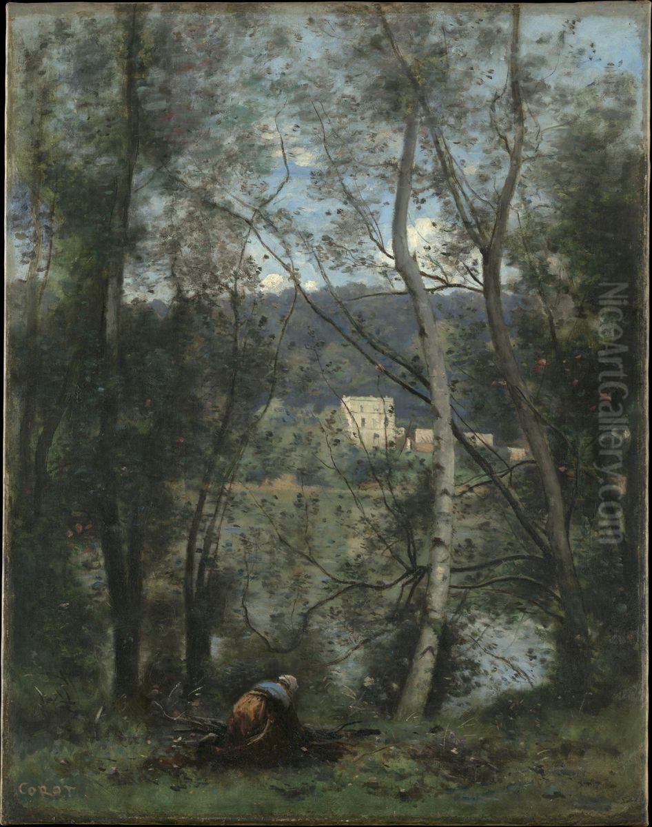 A Woman Gathering Faggots at Ville-d'Avray Oil Painting by Jean-Baptiste Camille Corot