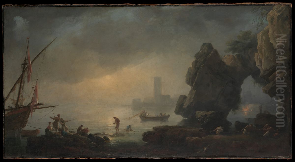 Harbor Scene with a Grotto and Fishermen Hauling in Nets Oil Painting by Joseph Vernet