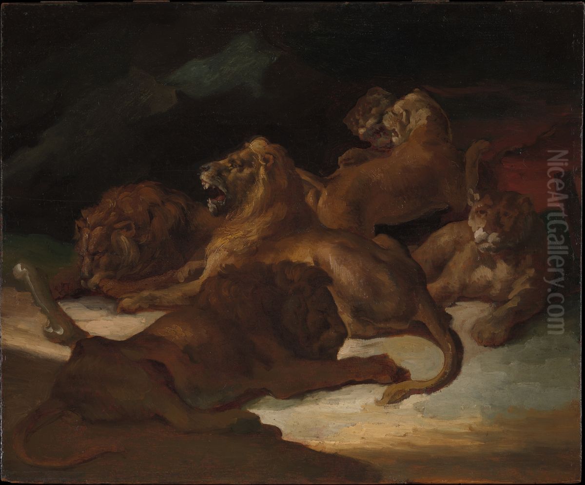 Lions in a Mountainous Landscape Oil Painting by Theodore Gericault