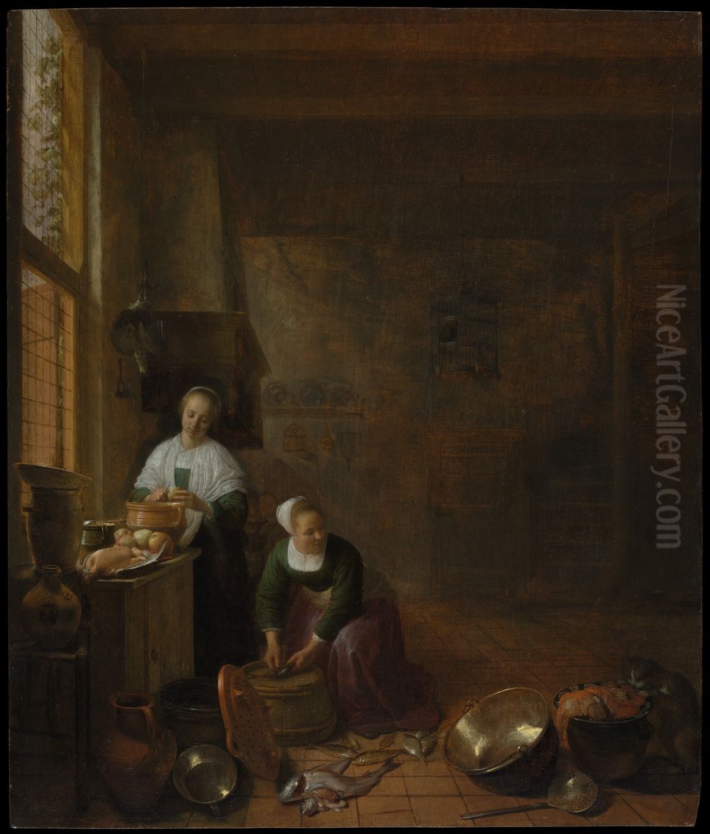 A Kitchen Oil Painting by Hendrik Martenszoon Sorgh
