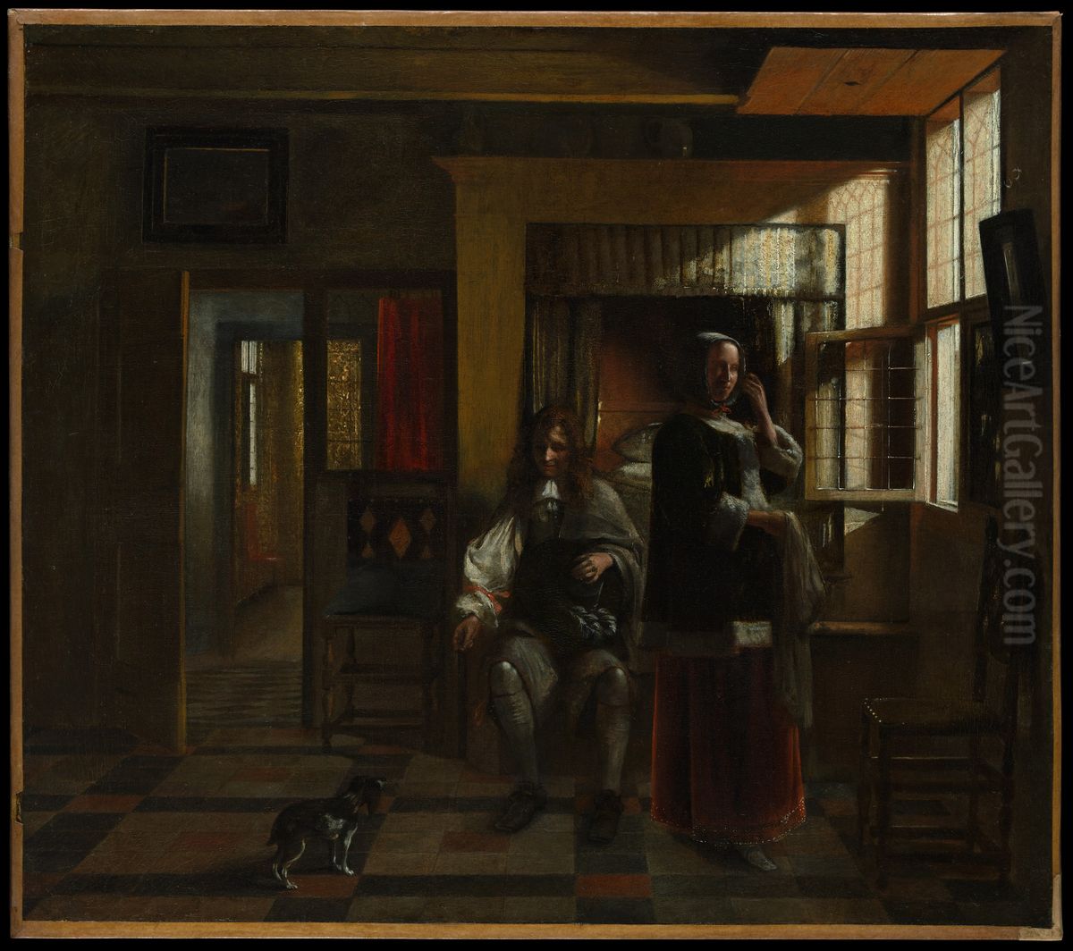 Interior with a Young Couple Oil Painting by Pieter De Hooch