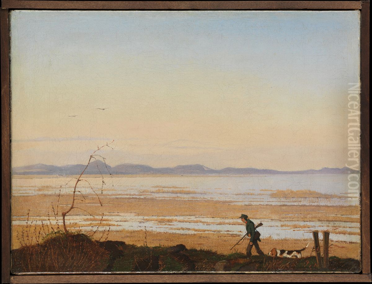 An Evening beside Lake Arreso Oil Painting by Johan Lundbye