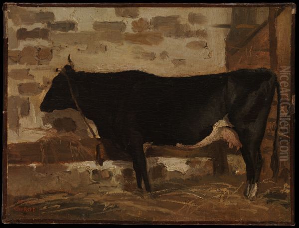 Cow in a Barn Oil Painting by Jean-Baptiste Camille Corot