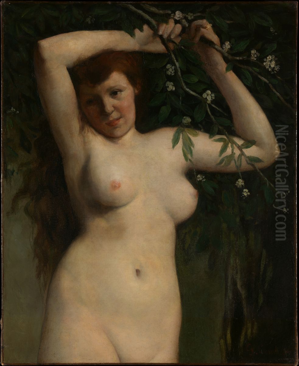 Nude with Flowering Branch Oil Painting by Gustave Courbet