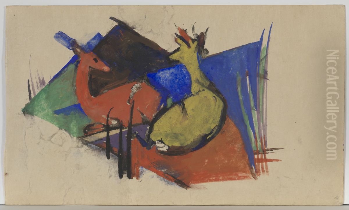 Two Deer Lying Down. Oil Painting by Franz Marc