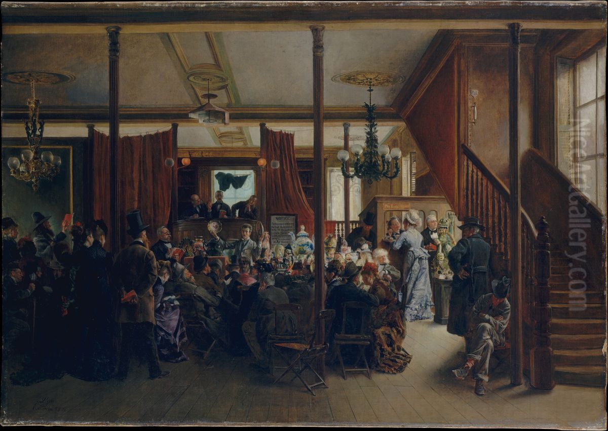 Auction Sale in Clinton Hall, New York, 1876 Oil Painting by Ignacio Leon y Escosura
