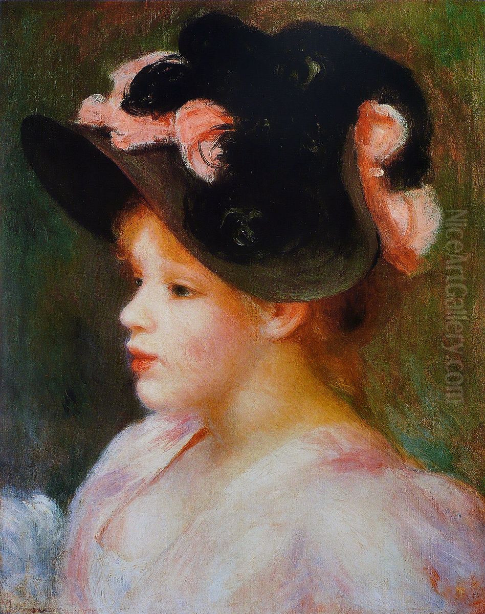 Young Girl in a Pink-and-Black Hat Oil Painting by Pierre Auguste Renoir