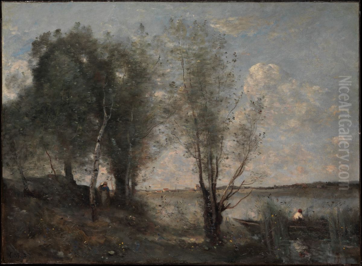 Boatman among the Reeds Oil Painting by Jean-Baptiste Camille Corot