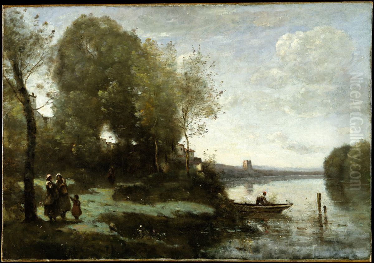 River with a Distant Tower Oil Painting by Jean-Baptiste Camille Corot