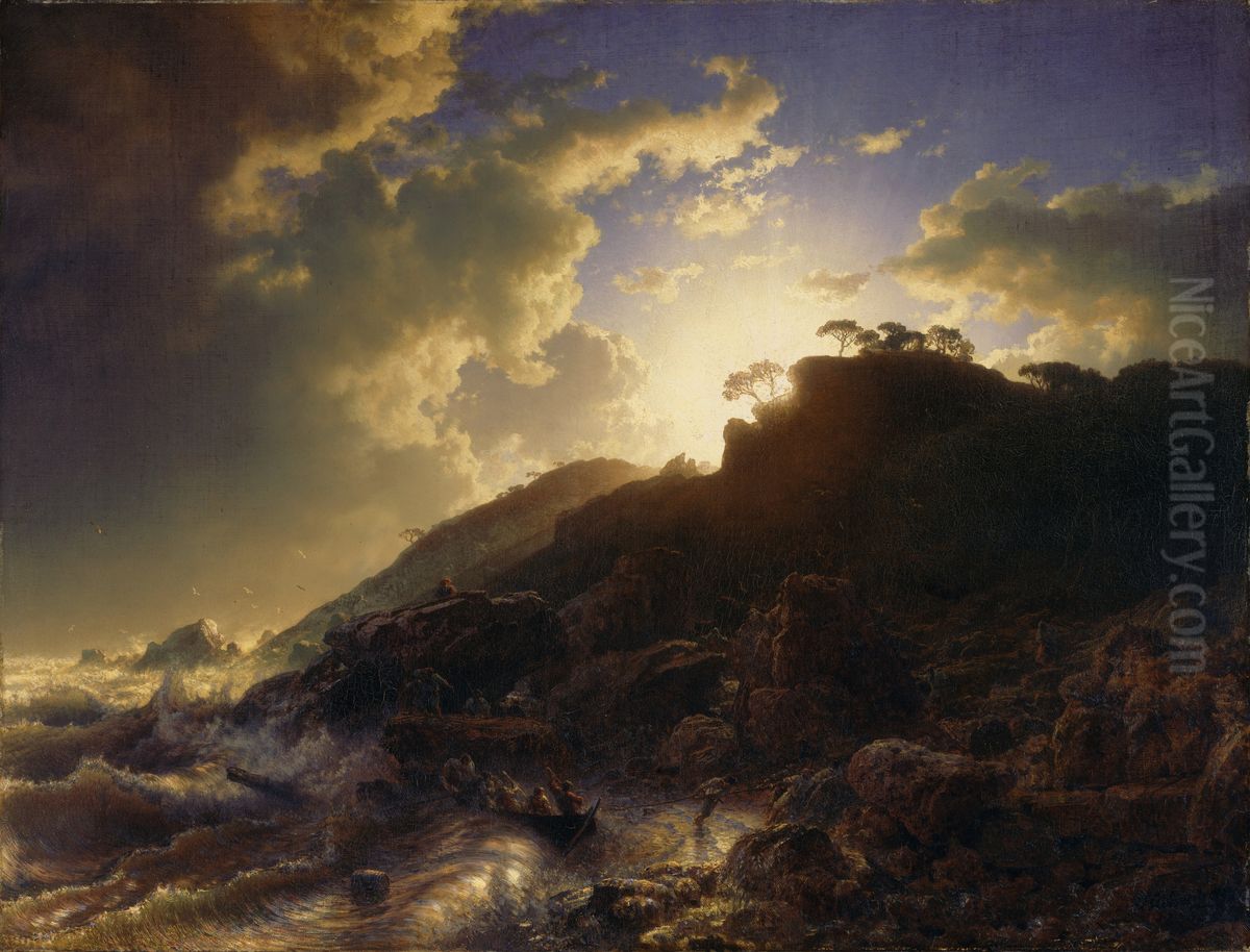 Coucher de soleil apres une tempete sur la cote de la Sicile Oil Painting by Andreas Achenbach