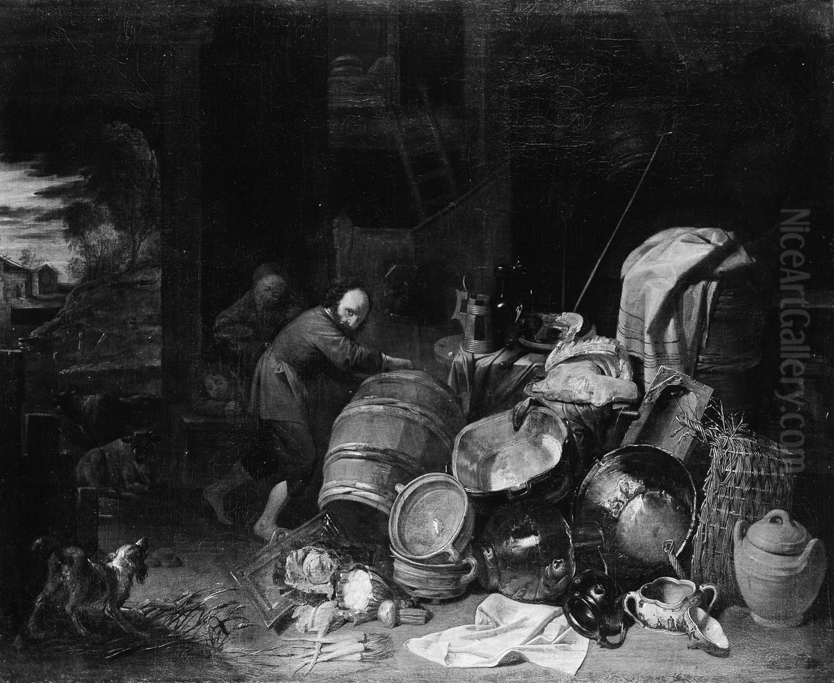 Rustic Interior Oil Painting by David Ryckaert III