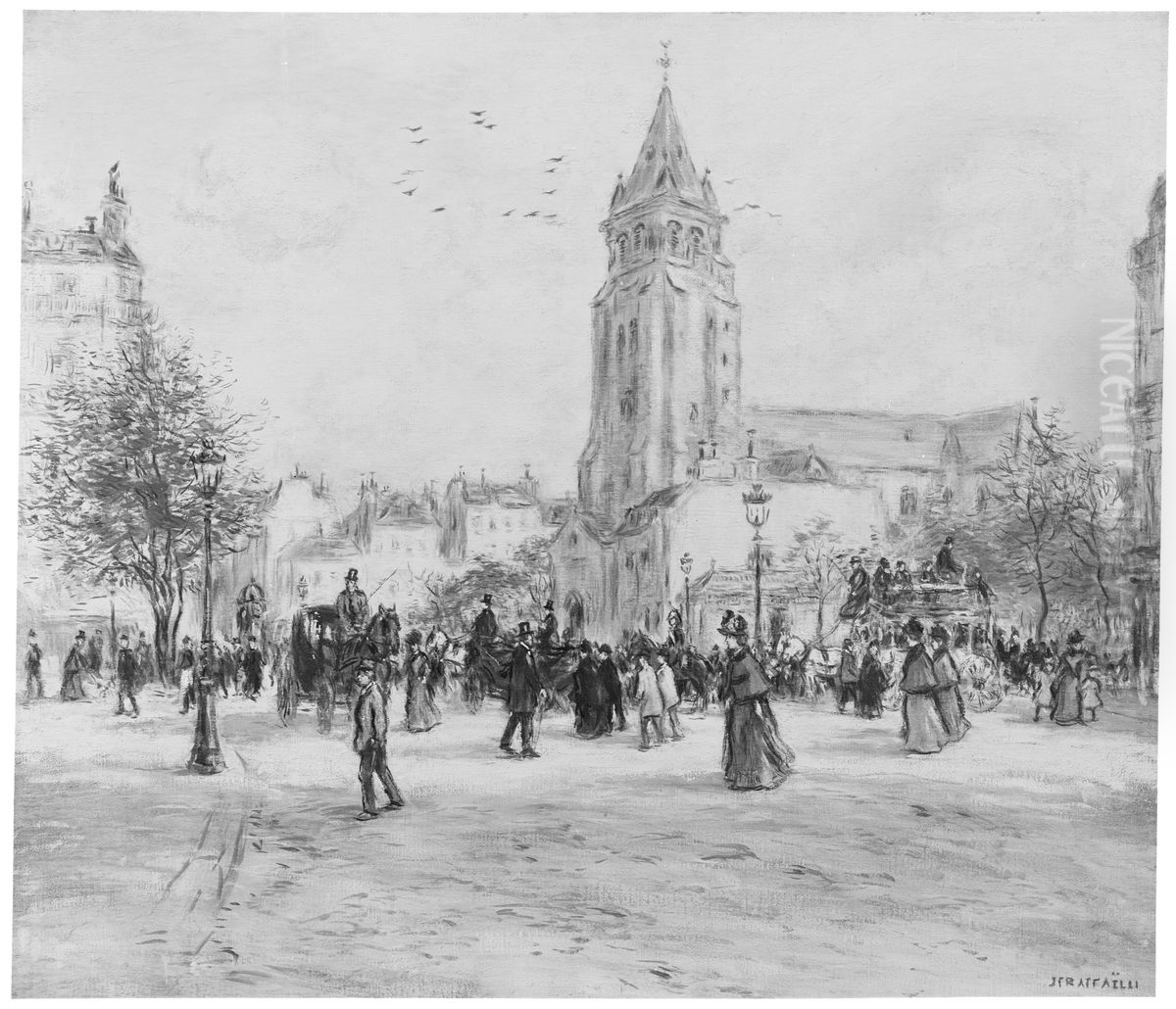 Place Saint-Germain-des-Pres, Paris Oil Painting by Jean-Francois Raffaelli