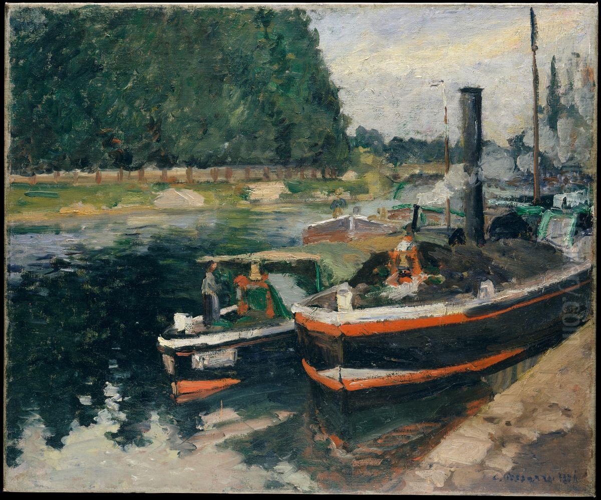 Barges at Pontoise Oil Painting by Camille Pissarro