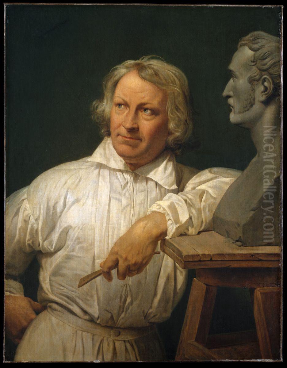 Bertel Thorvaldsen with the Bust of Horace Vernet Oil Painting by Horace Vernet