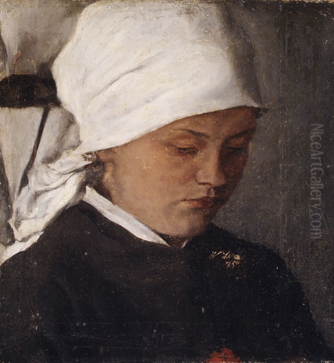 Peasant Girl with a White Headcloth Oil Painting by Wilhelm Leibl