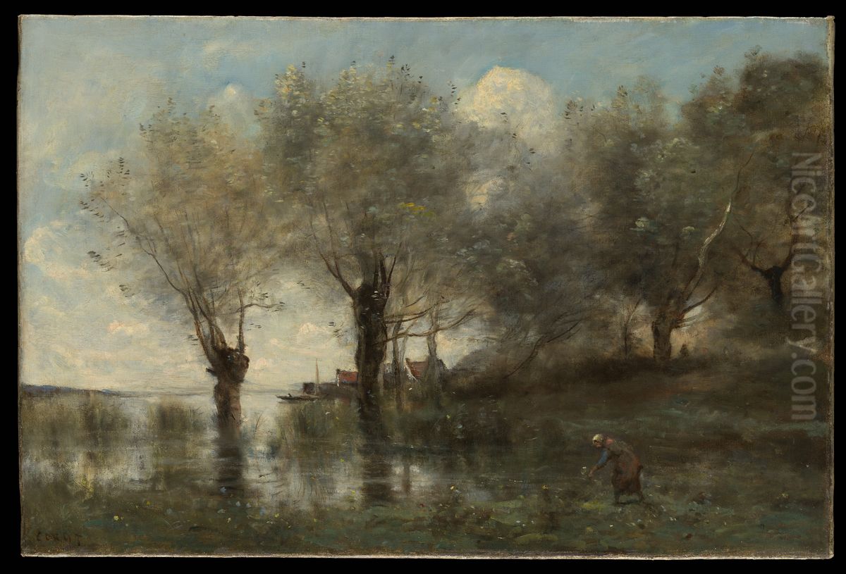 A Pond in Picardy Oil Painting by Jean-Baptiste Camille Corot