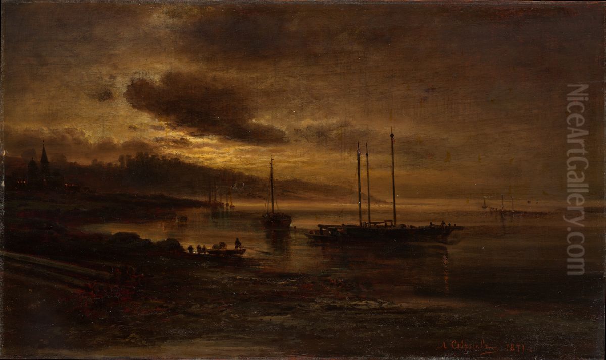 <<Nocnaa scena na Volge>> Oil Painting by Alexei Kondratievich Savrasov