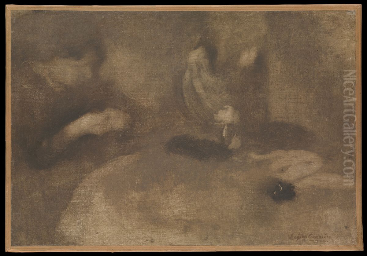 Women Sewing at a Table Oil Painting by Eugene Carriere