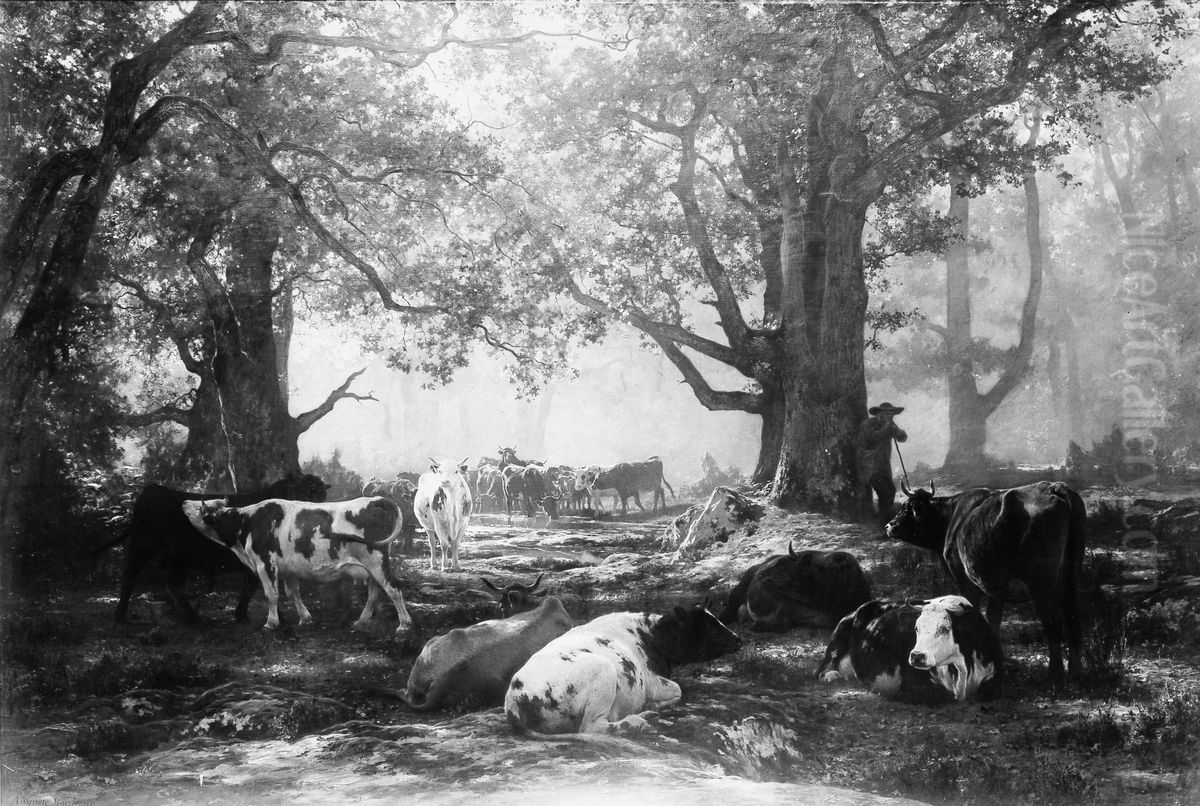 Woodland and Cattle Oil Painting by Auguste Bonheur