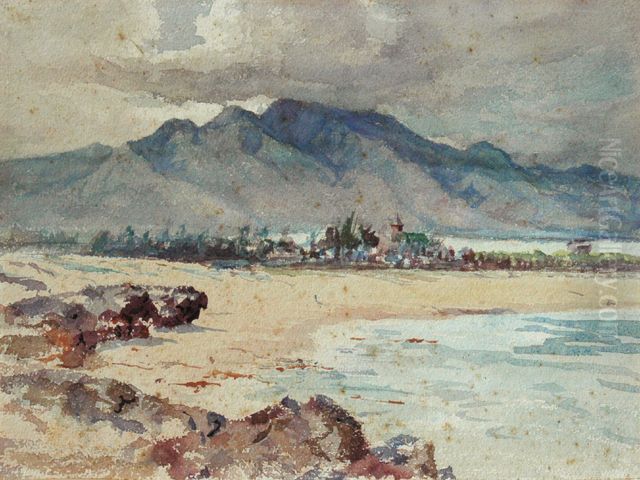 Beach with Blue Mountain (Haleiwa) Oil Painting by D. Howard Hitchcock