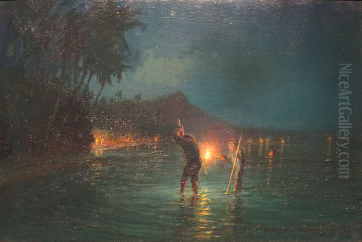Torchlight Fishing at Waikiki Oil Painting by D. Howard Hitchcock