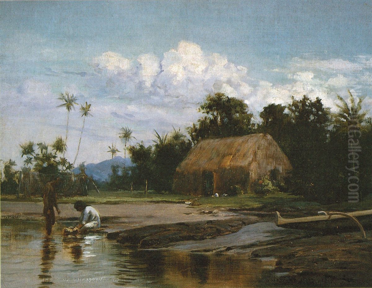 Grass House with Two Figures Oil Painting by D. Howard Hitchcock