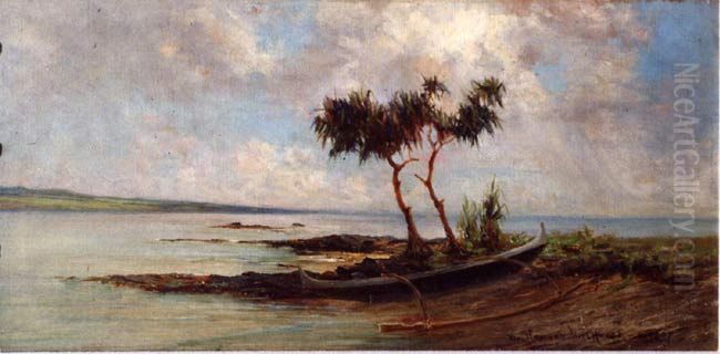 Beached Canoe, Hilo Bay Oil Painting by D. Howard Hitchcock