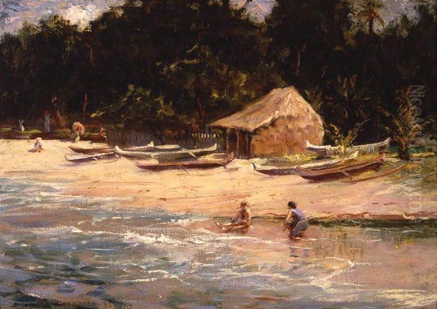 Hawaiian Fishing Camp Oil Painting by D. Howard Hitchcock