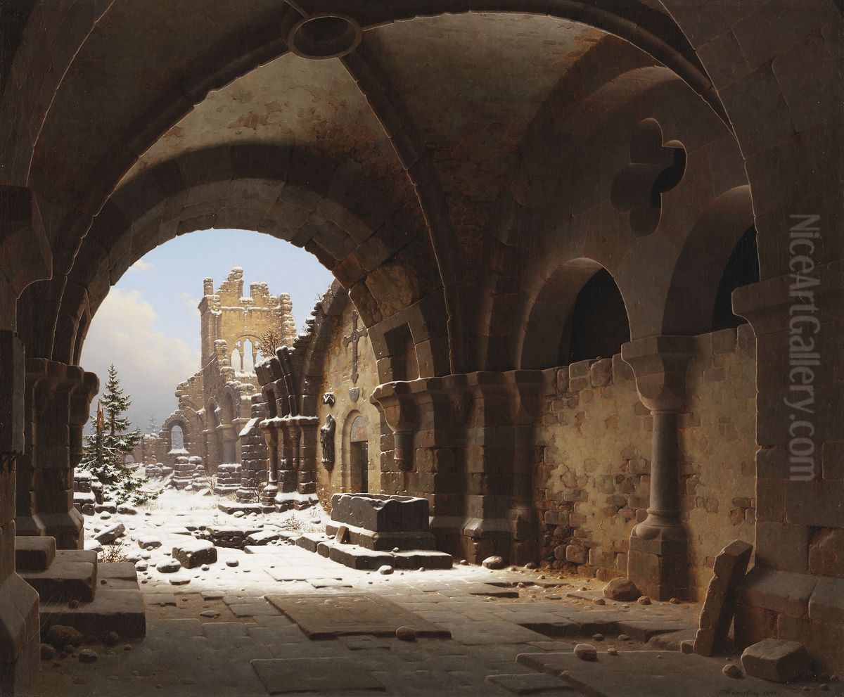 View of the Church Ruins in Winter Oil Painting by Carl Hasenpflug