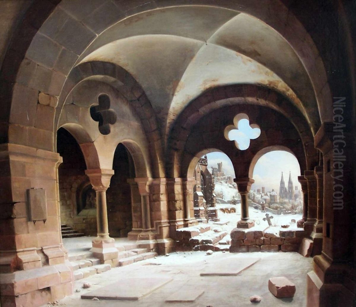 Abbey Cloister in Winter with View towards a Cathedral with Two Towers Oil Painting by Carl Hasenpflug