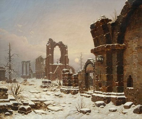 Walkenried Abbey Ruins in Snow Oil Painting by Carl Hasenpflug