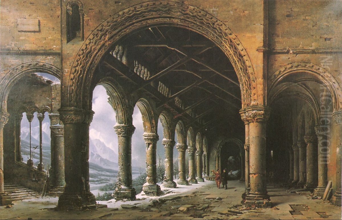 Effect of Fog and Snow Seen through a Ruined Gothic Colonnade Oil Painting by Louis Daguerre