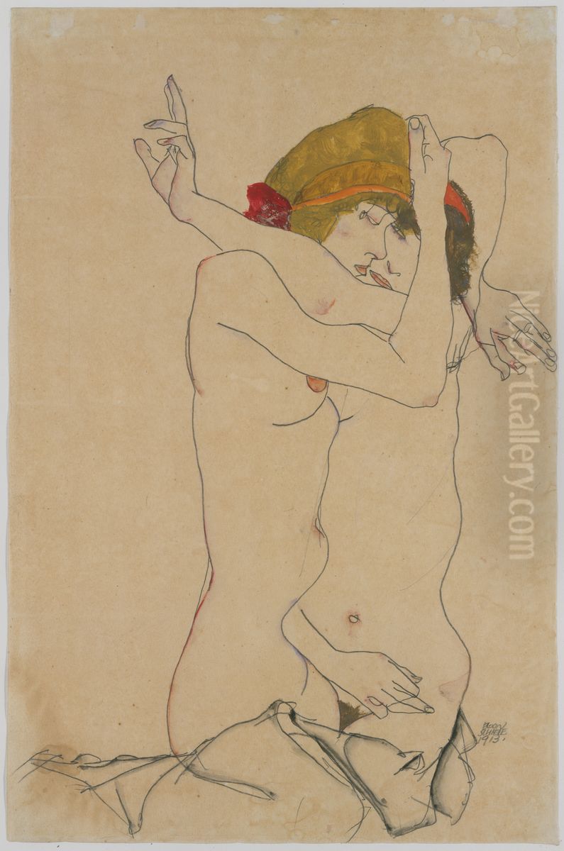 Two Women Embracing Oil Painting by Egon Schiele