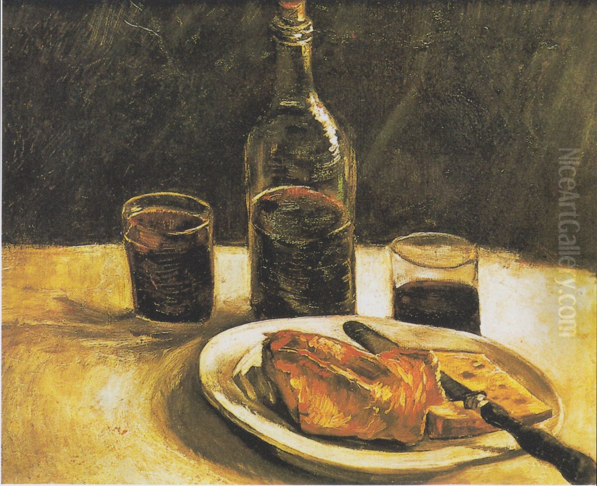 Still life with bottle, two glasses, cheese and bread Oil Painting by Vincent Van Gogh