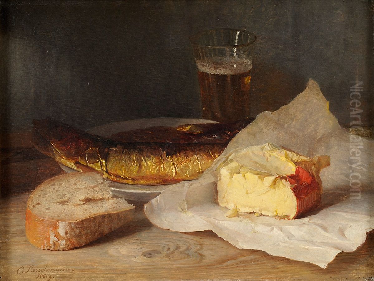 Still Life with Fish, Cheese and Bread Oil Painting by Carl Fleischmann