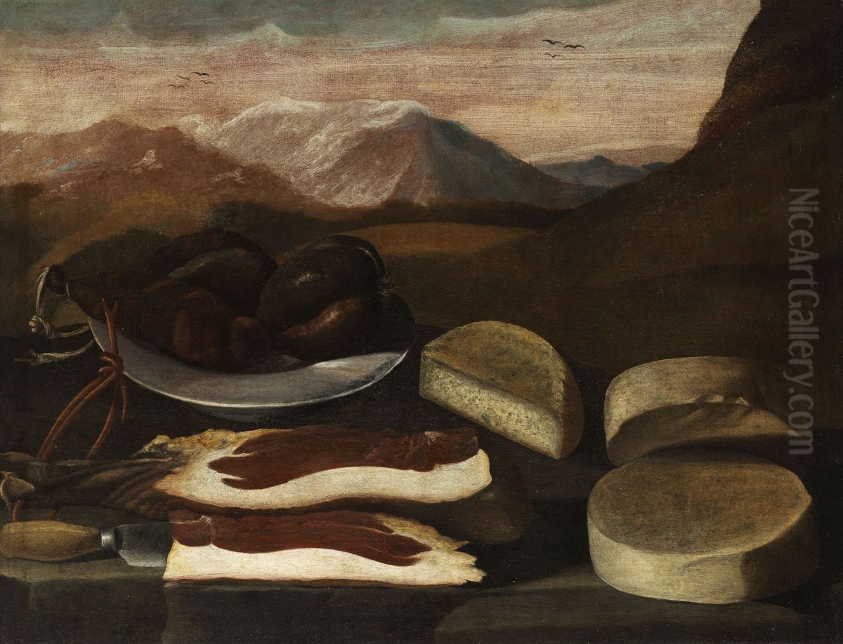 Still Life with Sausage, Ham and Cheese Oil Painting by unknown