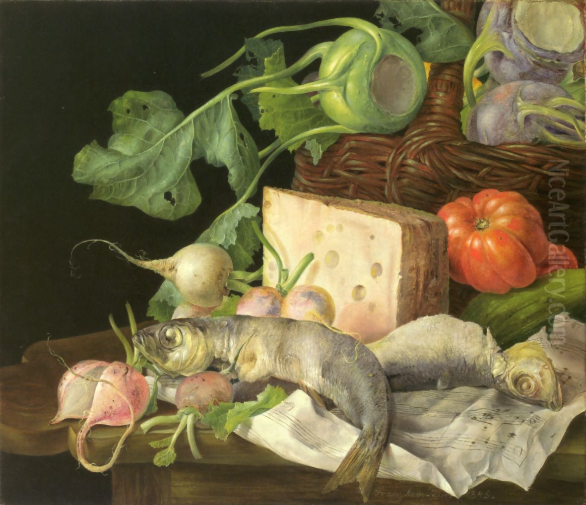 Stillleben mit Fuschen, Kase und einem Notenblatt Oil Painting by Franz Xaver Petter