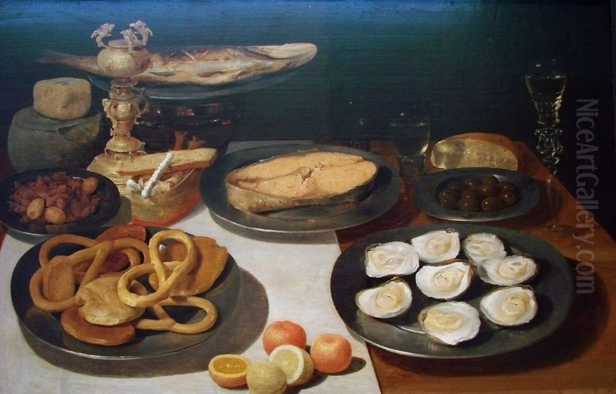 Stilleven van oesters, vis, krakelingen, bekerschroef en glaswerk Oil Painting by Jacob van Es