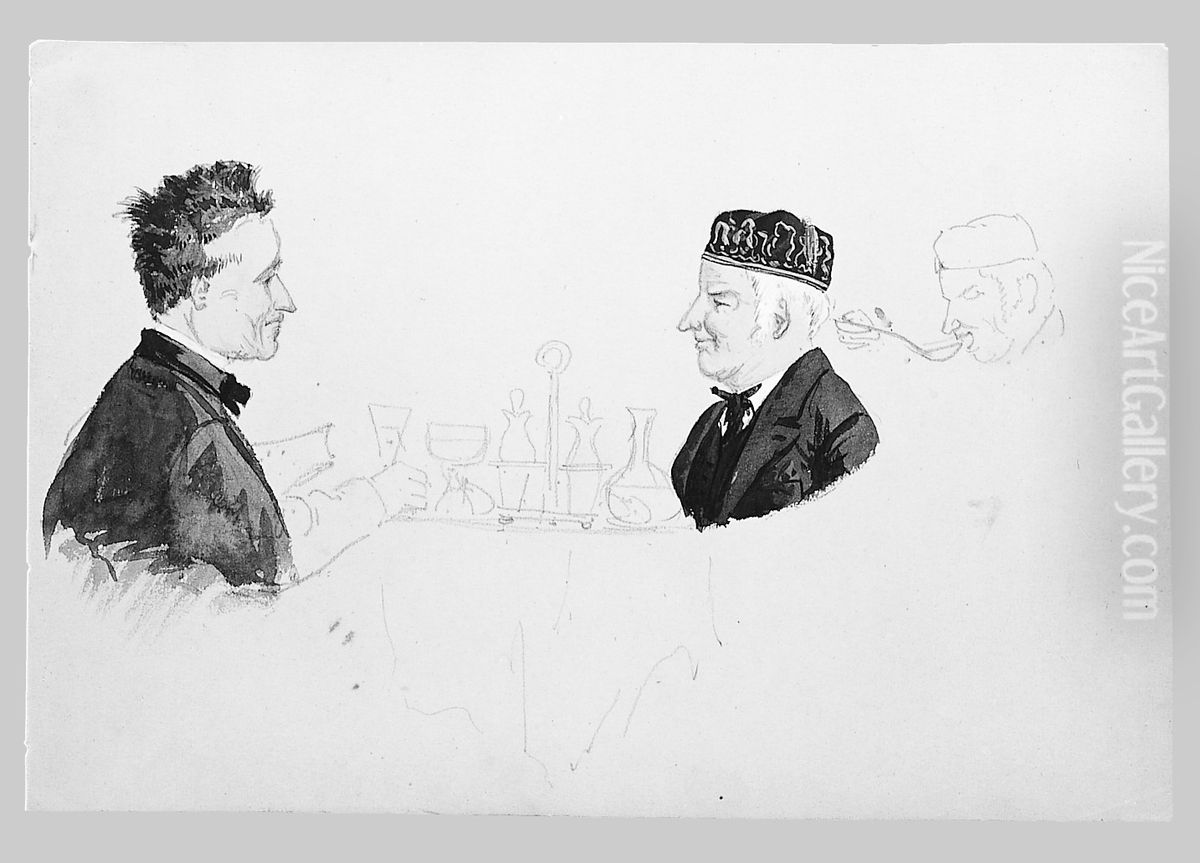 Two Men at a Table, Man Eating (from Switzerland 1869 Sketchbook) Oil Painting by John Singer Sargent
