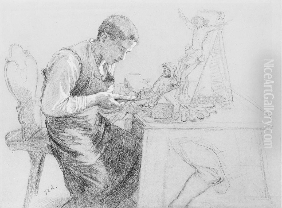 Study of a Boy Carving a Crucifix Oil Painting by Toby Edward Rosenthal