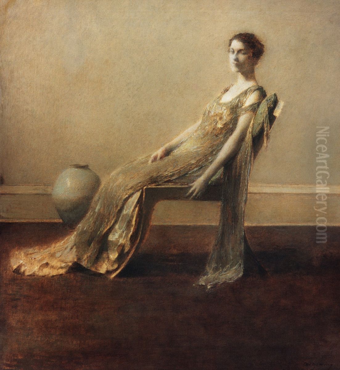 Green and Gold Oil Painting by Thomas Dewing